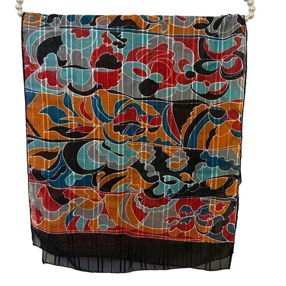 BAYRON silk scarf womens abstract RECTANGLE HAND ROLLED 14”x 61” boho money - Picture 1 of 7